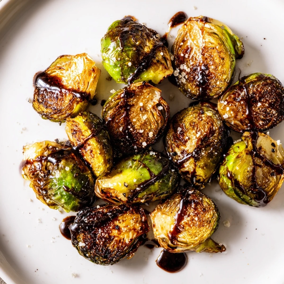 Roasted Brussels sprouts with balsamic glaze glistening on a white platter, featuring golden-brown caramelization and tender leaves.