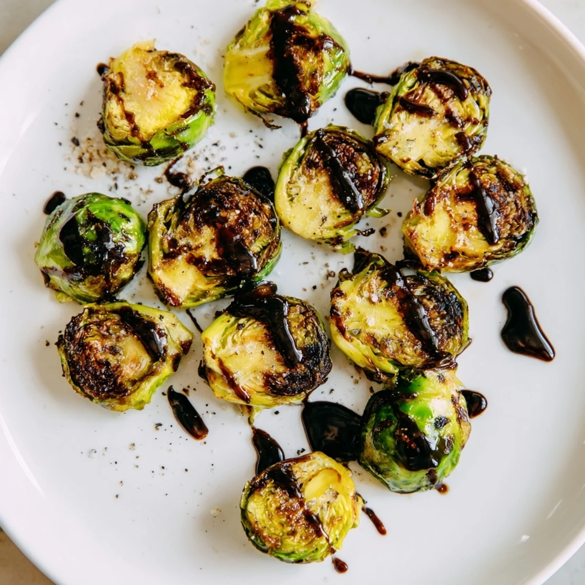 A close-up of crispy, oven-roasted Brussels sprouts with balsamic glaze, ready to serve as a vegetarian side dish.