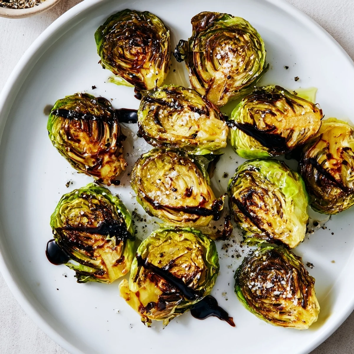 Golden-brown Roasted Brussels Sprouts with Balsamic Glaze, drizzled and garnished on a rustic wooden serving board.