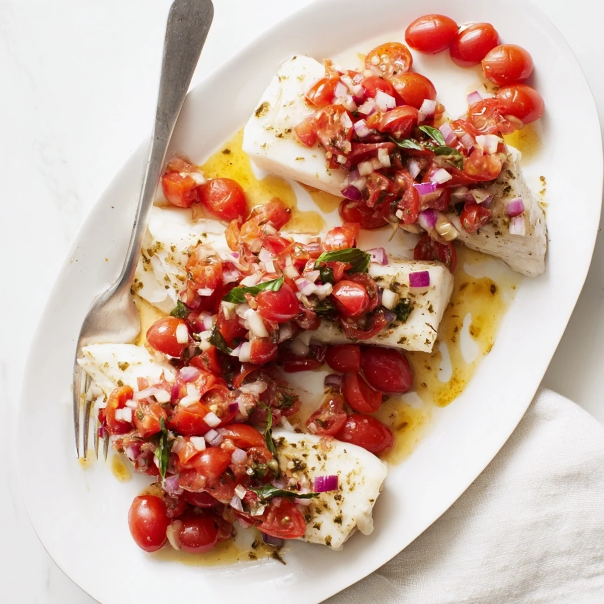 Flaky baked halibut fillets topped with a vibrant tomato and basil relish, served on a white plate for a fresh Mediterranean meal.  
