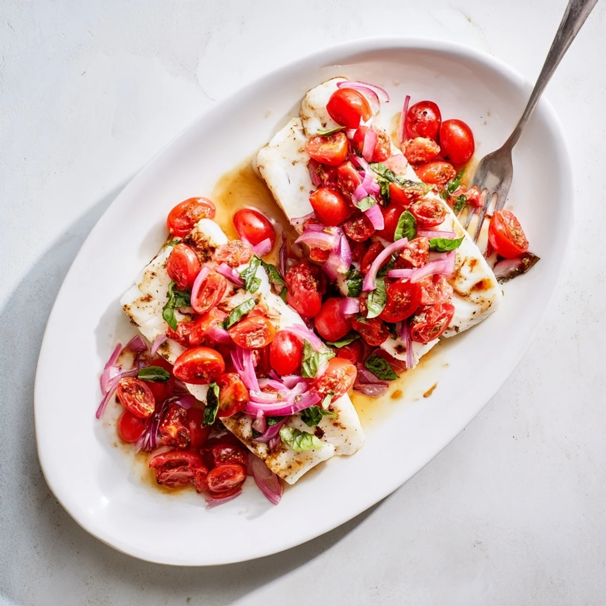 Tender oven-baked halibut finished with a fresh tomato and basil relish, ideal for easy summer entertaining in the USA.