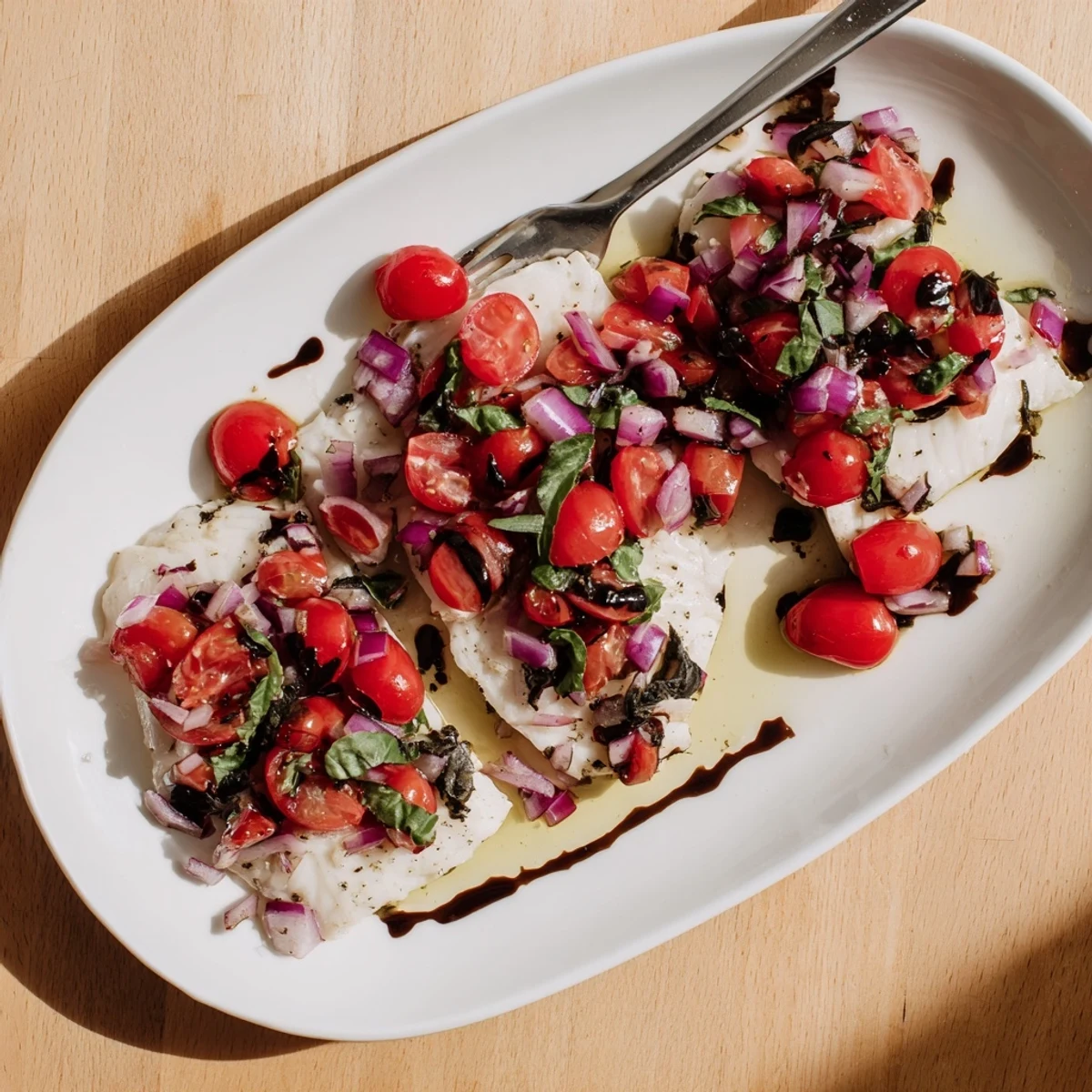 Golden baked halibut with juicy cherry tomatoes, red onion, and chopped basil relish, perfect for a light gluten-free dinner.  