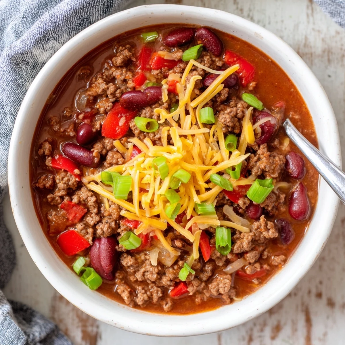 A hearty bowl of Beef and Bean Chili topped with melted cheddar cheese, green onions, and a dollop of sour cream.