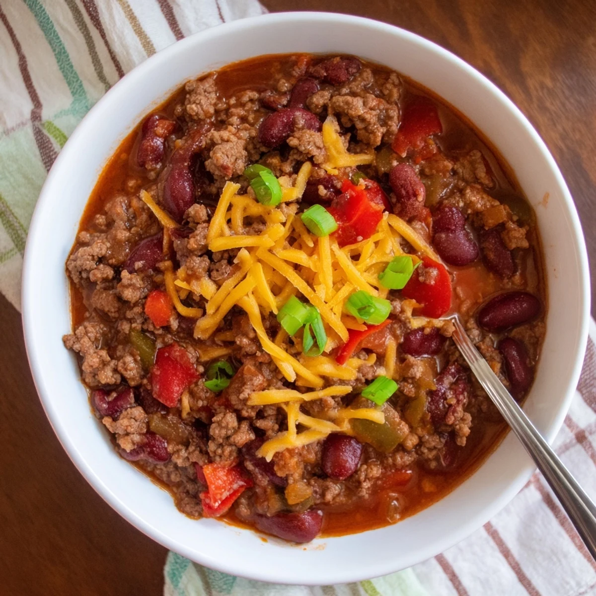 Close-up view of rich Beef and Bean Chili, featuring tender beef, kidney beans, and a savory tomato base.