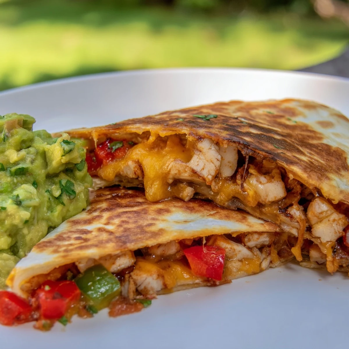 Golden brown Championship Chicken Quesadillas with guacamole, melted cheese, and colorful peppers on a rustic plate.