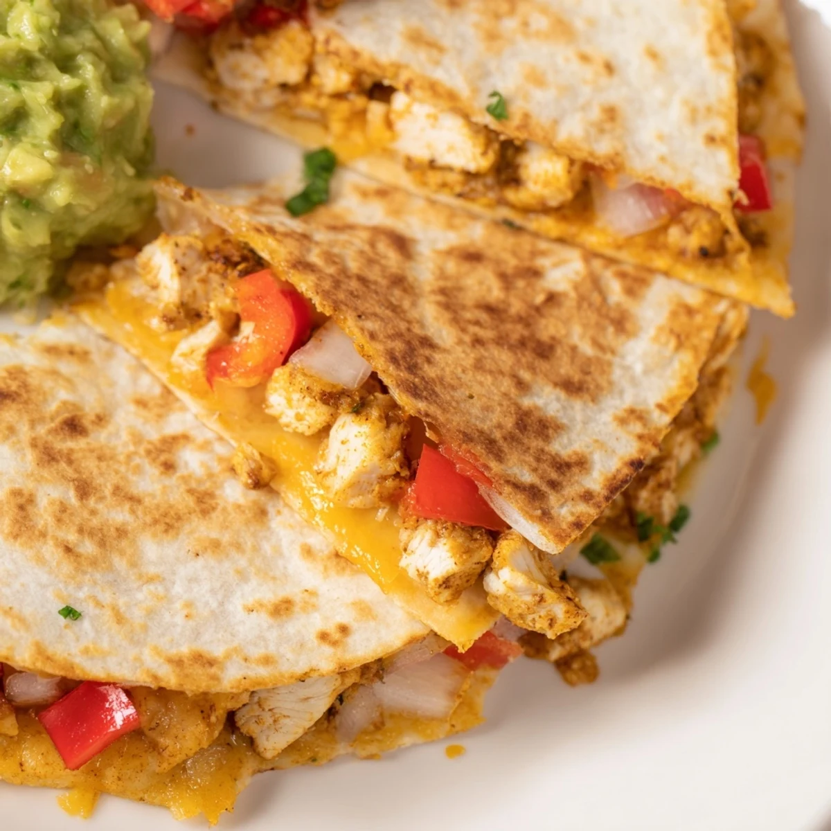 Sliced Championship Chicken Quesadillas stacked on a plate beside creamy guacamole and fresh cilantro garnish.