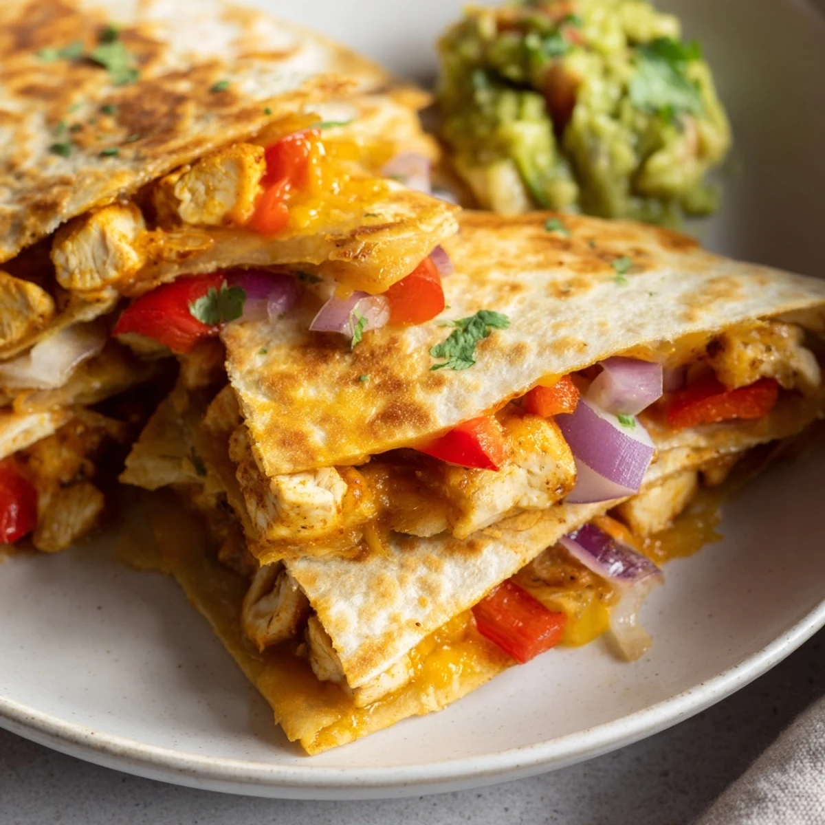 Freshly cooked Championship Chicken Quesadillas with melted cheese, served with guacamole and lime wedges for dipping.