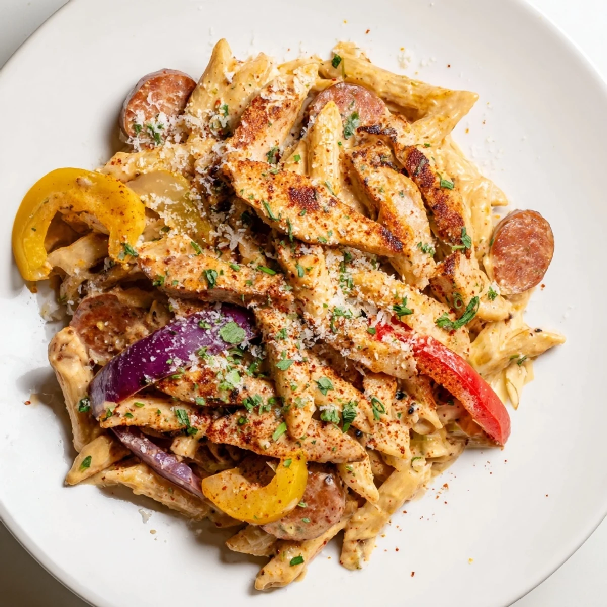 Mardi Gras Pasta with Creamy Cajun Sauce, plated with andouille sausage, bell peppers, and fresh parsley garnish on a rustic table.