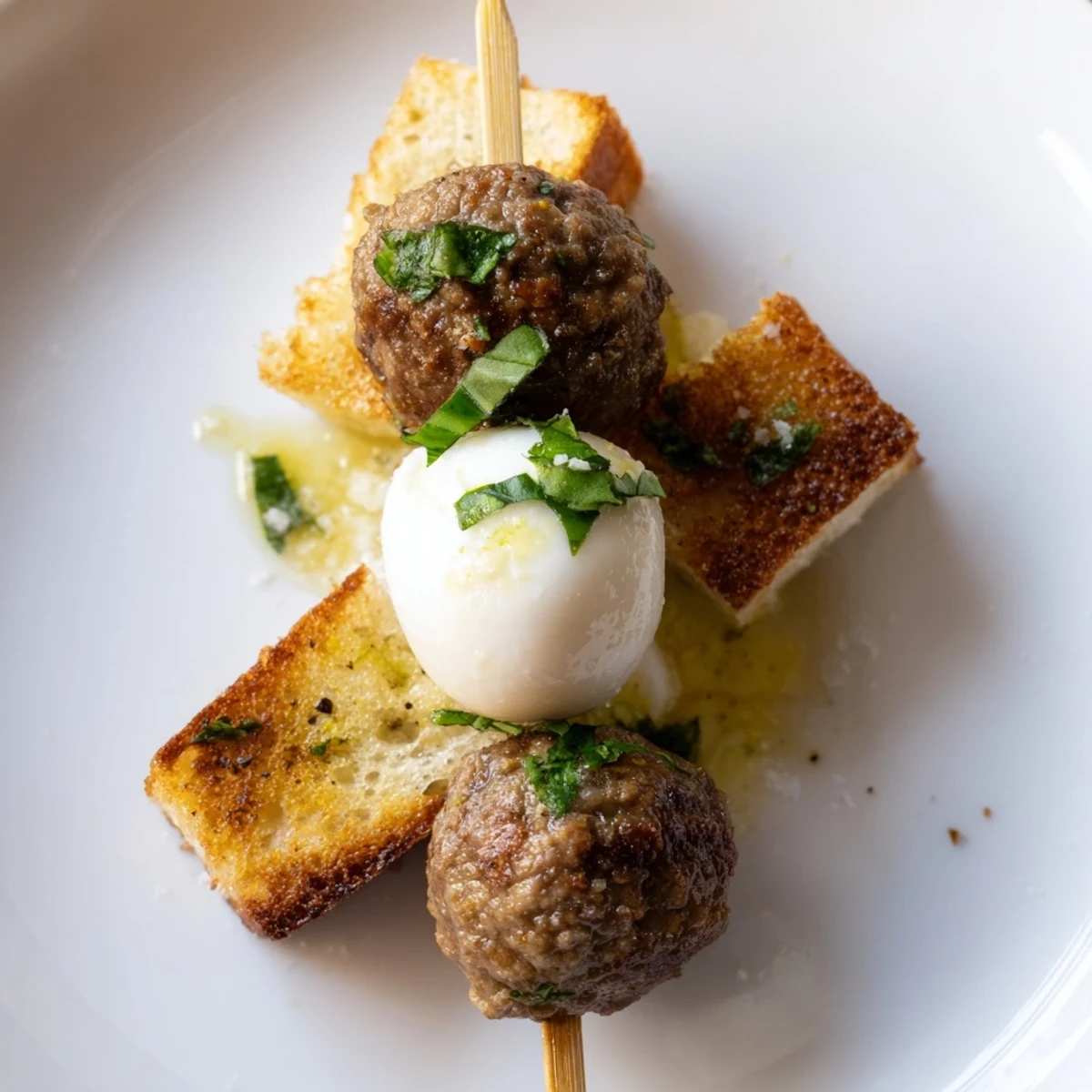 Golden-brown mini meatballs and melted mozzarella layered on toasted bread cubes, drizzled with marinara sauce on skewers for a savory game day appetizer.