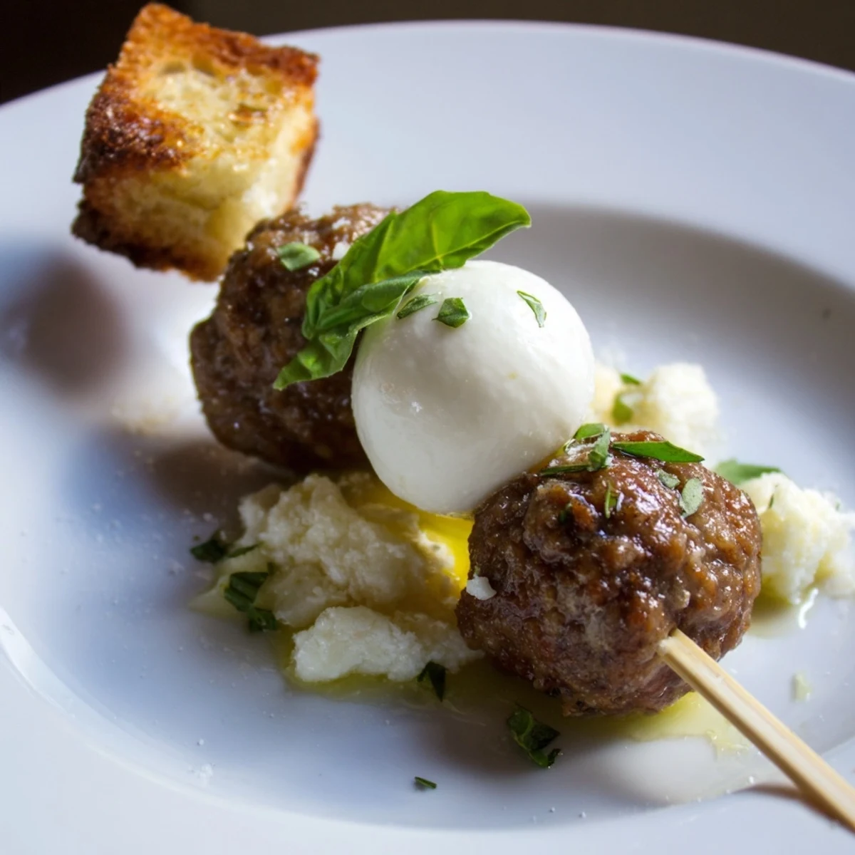 Skewered appetizers with herb-seasoned beef, toasted bread, and fresh basil garnish, ready to serve with extra marinara dipping sauce on the side.