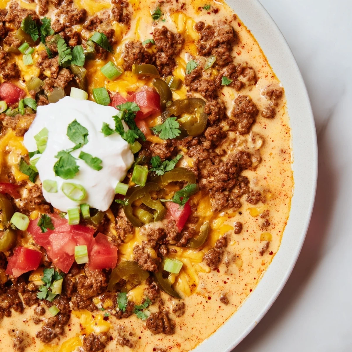 Steaming bowl of creamy Touchdown Spicy Beef Queso Dip, garnished with fresh cilantro and green onions.