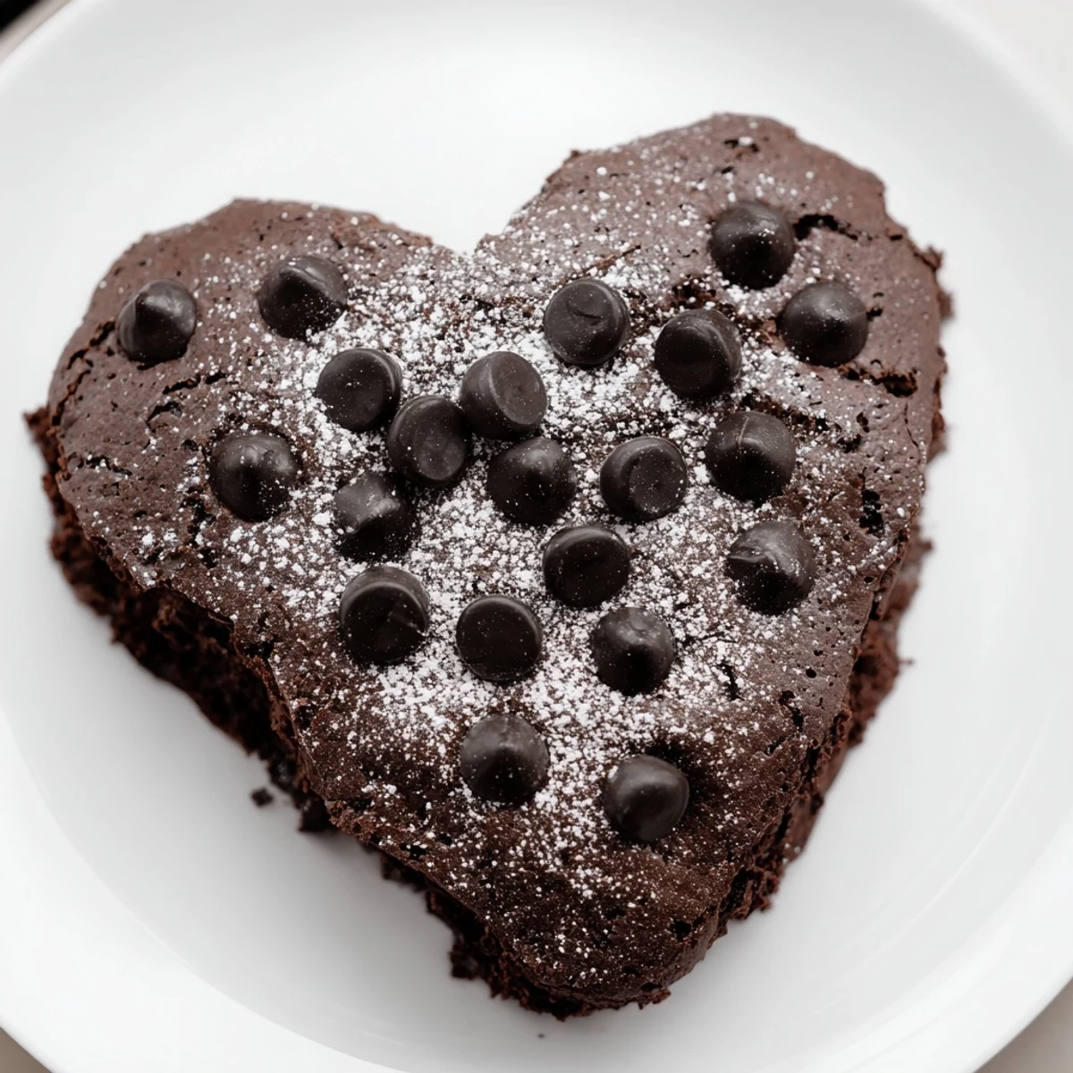 Freshly baked Valentine Heart Shaped Brownies dusted with powdered sugar on a rustic wooden board. Warm, fudgy squares are ready to be served with a glass of cold milk for a sweet treat.