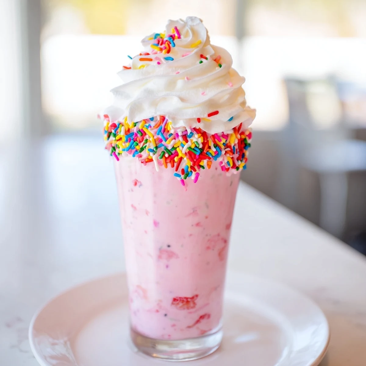 A glass of creamy pink strawberry milkshake topped with whipped cream and rainbow sprinkles, perfect for summer dessert indulgence.  
