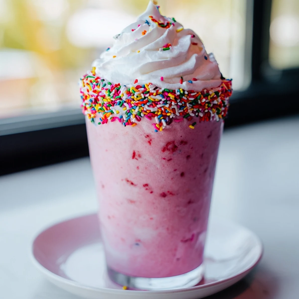 A refreshing pink strawberry milkshake with fresh berries, creamy texture, and festive rainbow sprinkles for a fun treat.