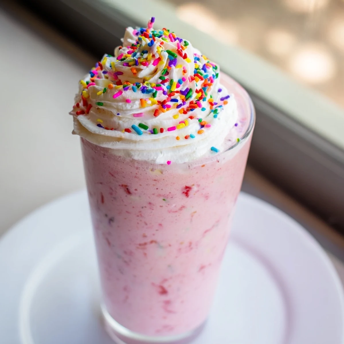 Two tall glasses of vibrant strawberry milkshake garnished with fluffy whipped cream and colorful sprinkles, ready to serve.  