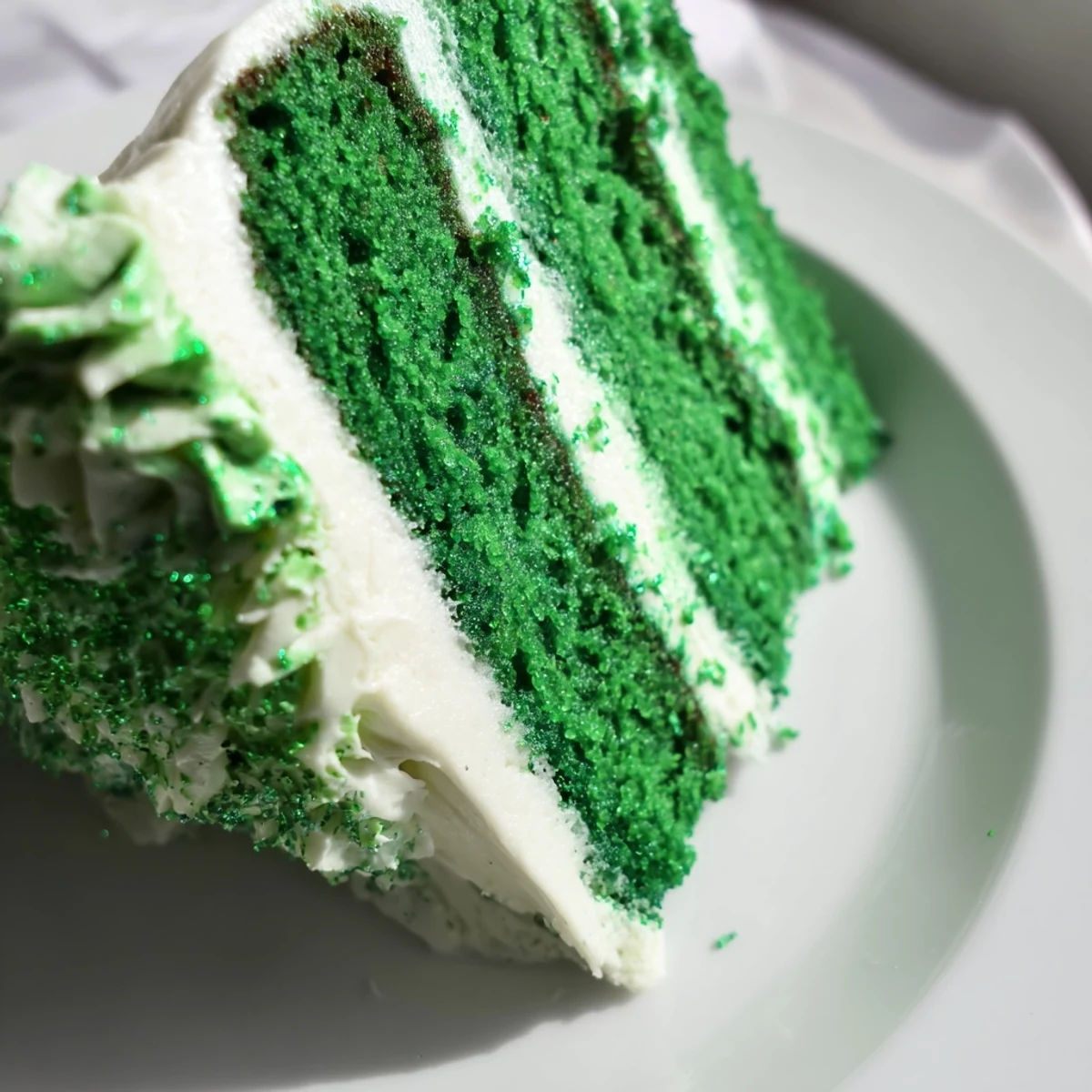 Moist layers of vibrant St. Patricks Day Green Velvet Cake with fluffy vanilla frosting, sliced to reveal its tender crumb and rich green hue.