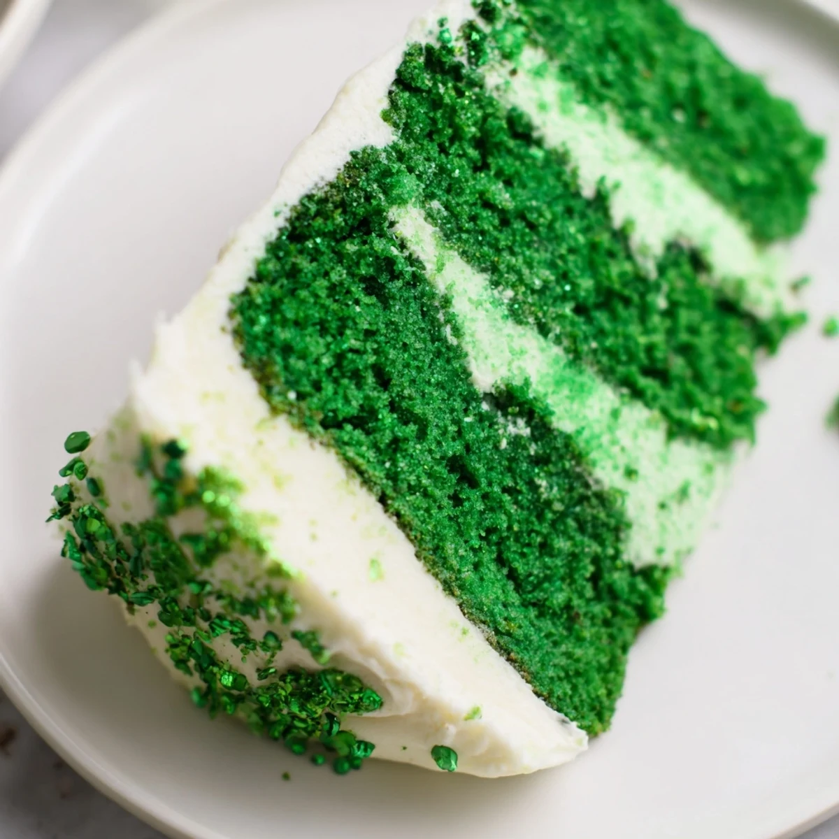 A festive St. Patricks Day Green Velvet Cake topped with creamy frosting, served on a rustic plate with a warm cup of coffee nearby.