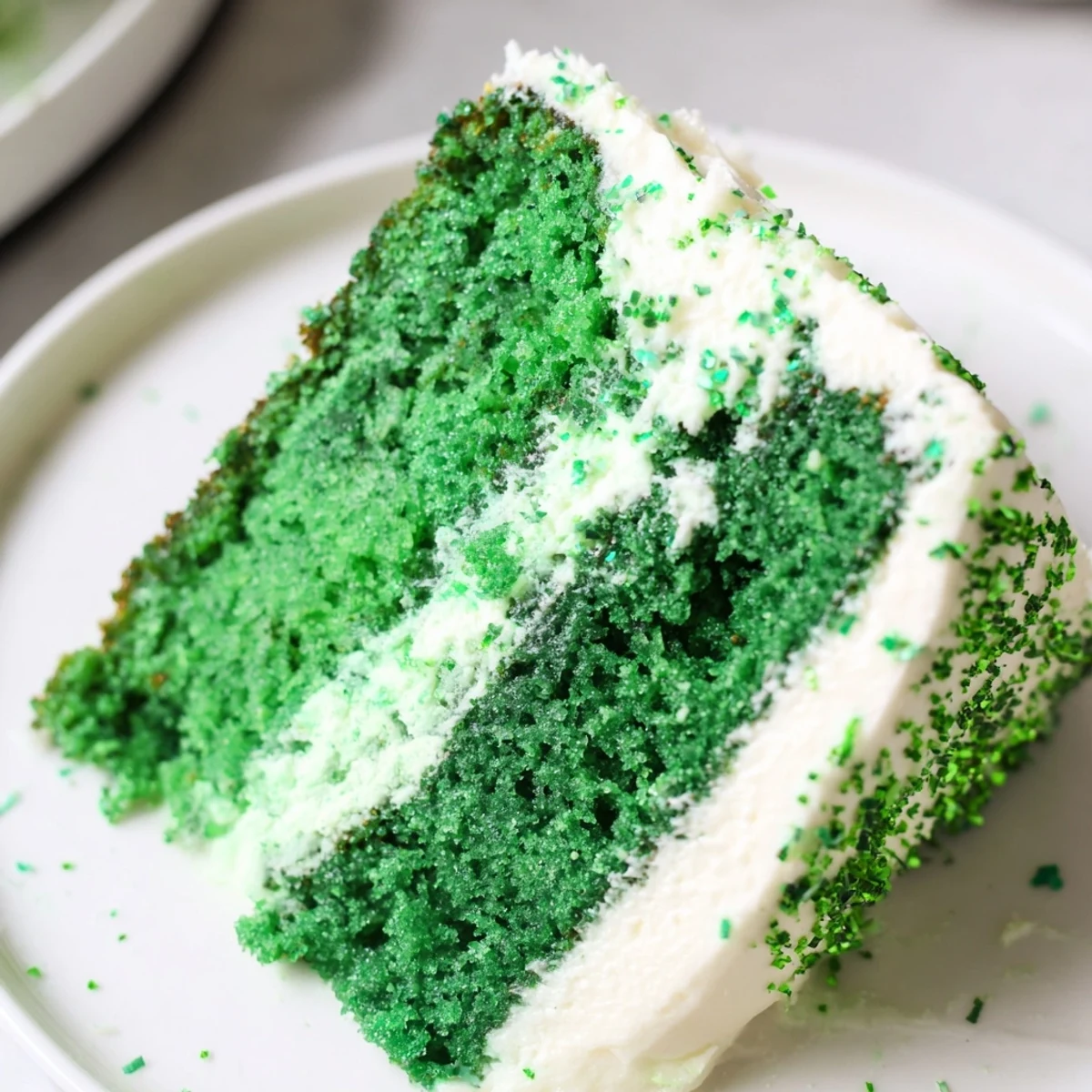Close-up view of freshly baked St. Patricks Day Green Velvet Cake, showcasing smooth vanilla frosting and a perfectly moist, tender slice ready to eat.