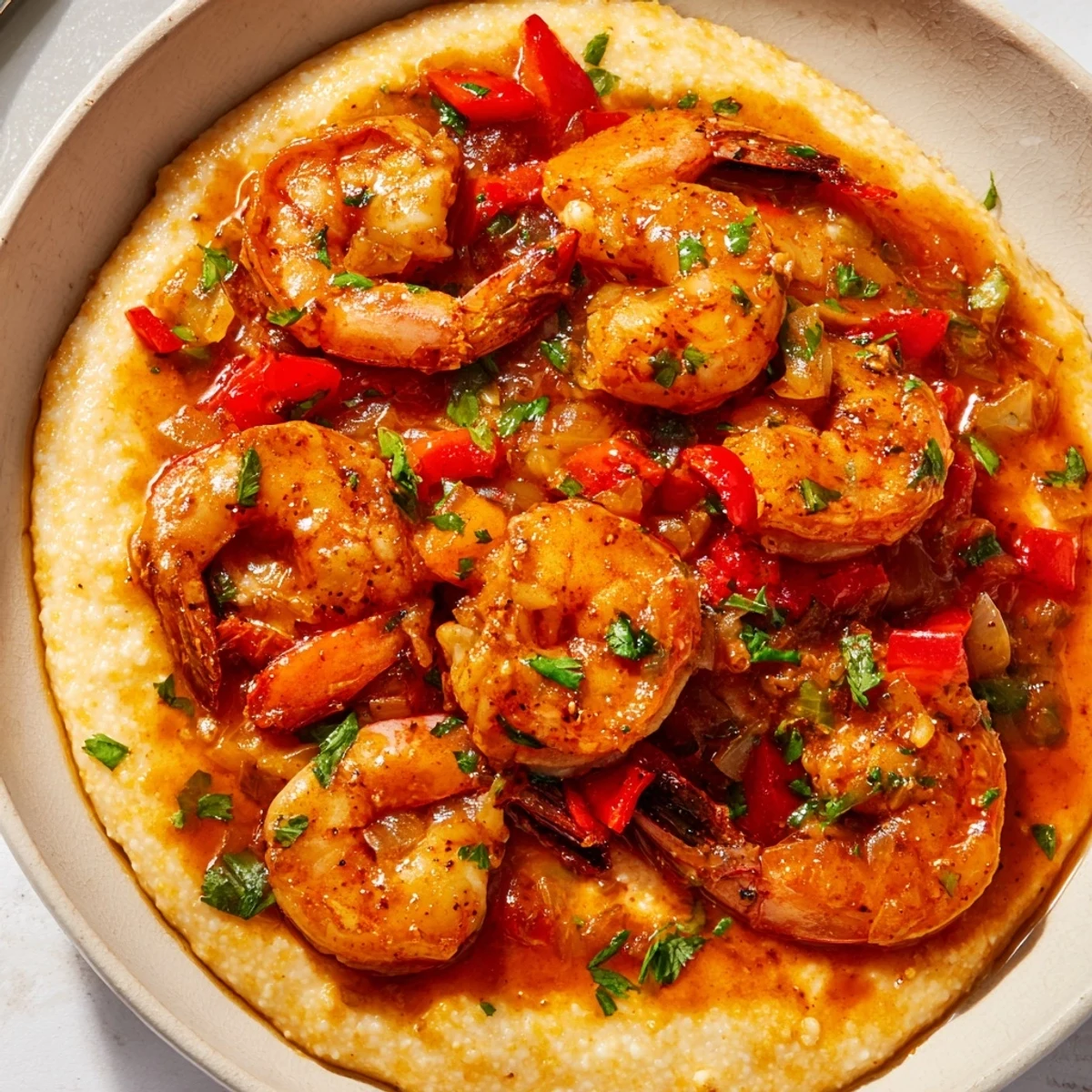 Creamy, cheesy Louisiana Style Shrimp and Grits topped with tender, spicy shrimp and fresh scallions.  