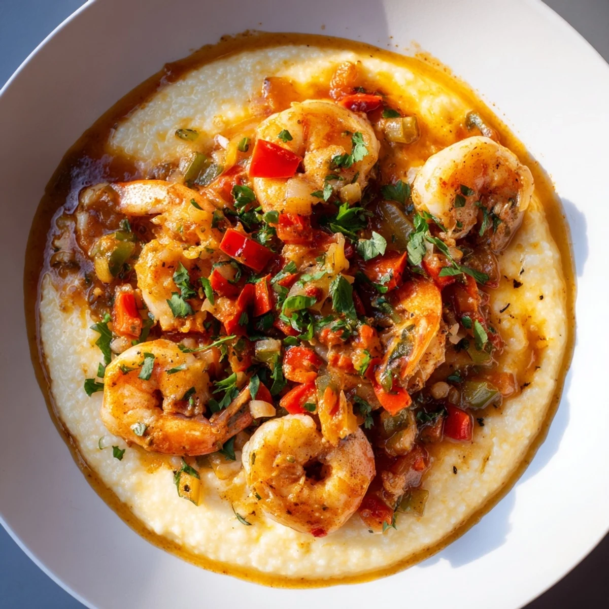 Hearty Southern-style Louisiana Style Shrimp and Grits in a bowl, featuring sautéed shrimp in a flavorful sauce.