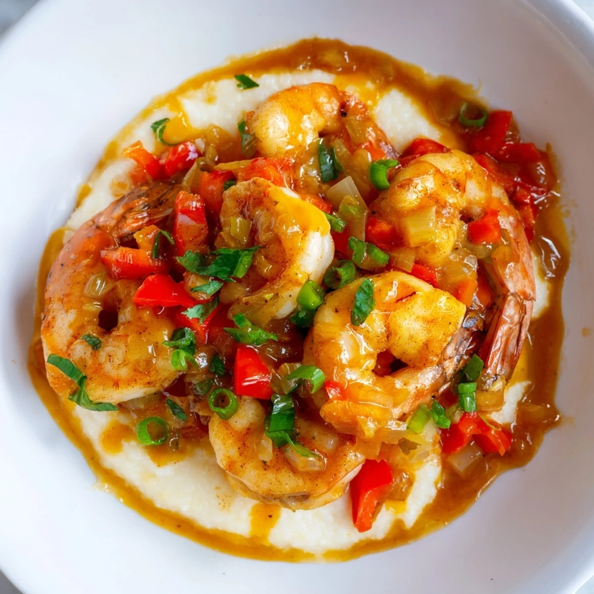 A skillet of Louisiana Style Shrimp and Grits, garnished with parsley and served with hot sauce on the side.  