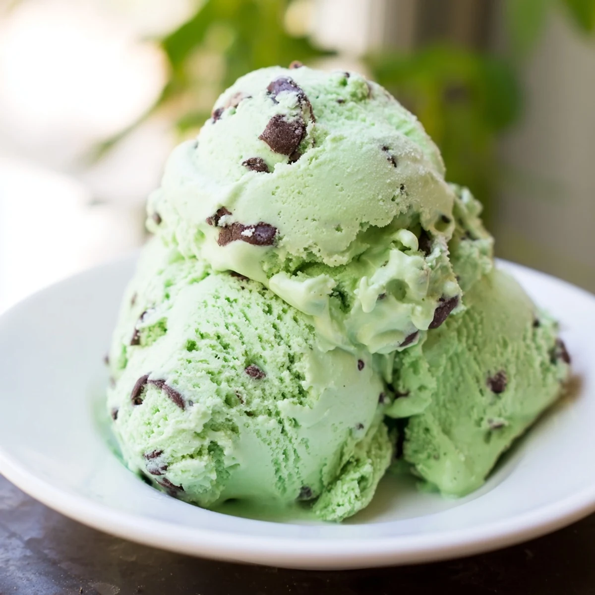 A scoop of vibrant homemade Green Mint Chip Ice Cream in a chilled bowl, with chocolate pieces peeking through the naturally green, creamy dessert.