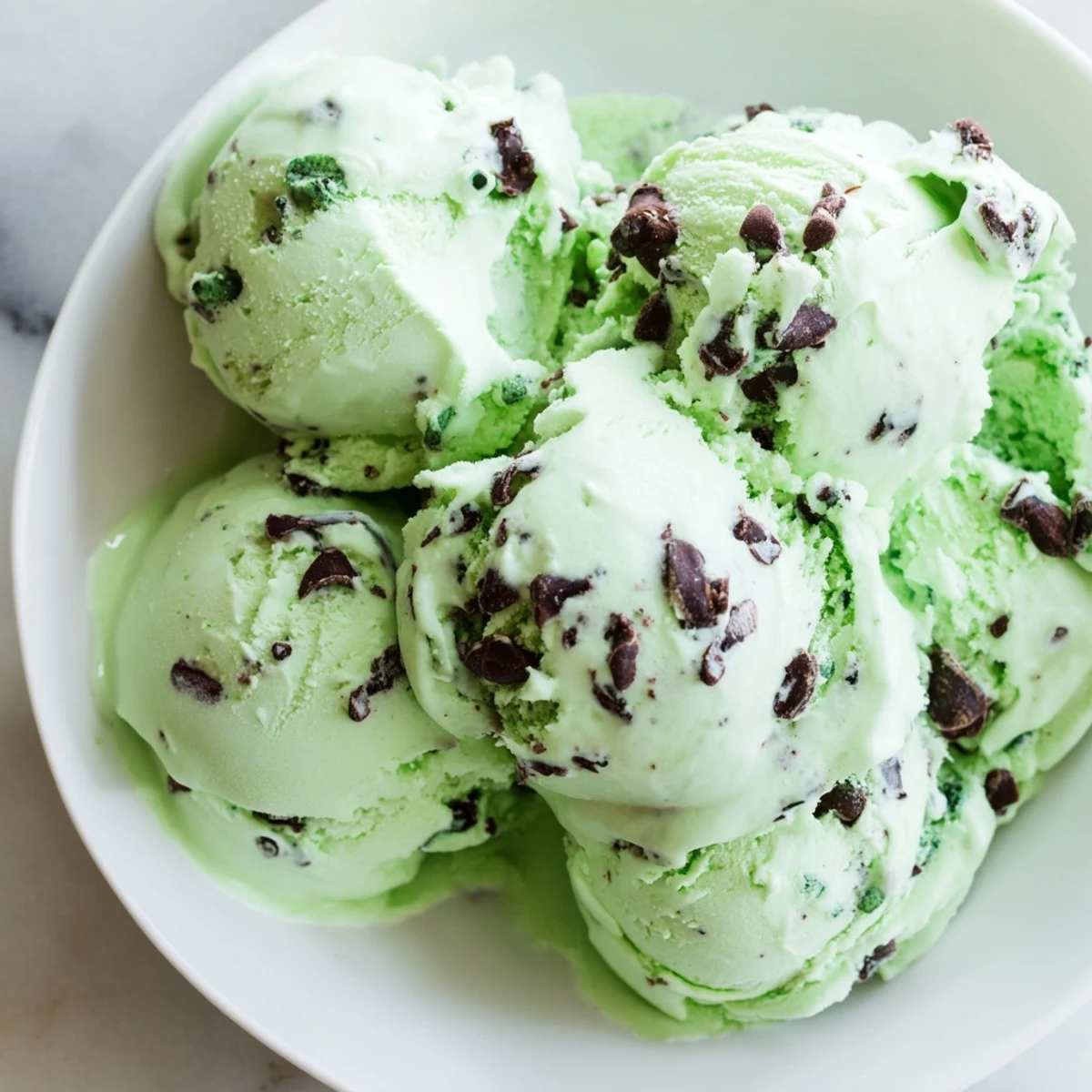Close-up view of the smooth, minty ice cream base, showing generous dark chocolate chips frozen into the rich, freshly churned texture.
