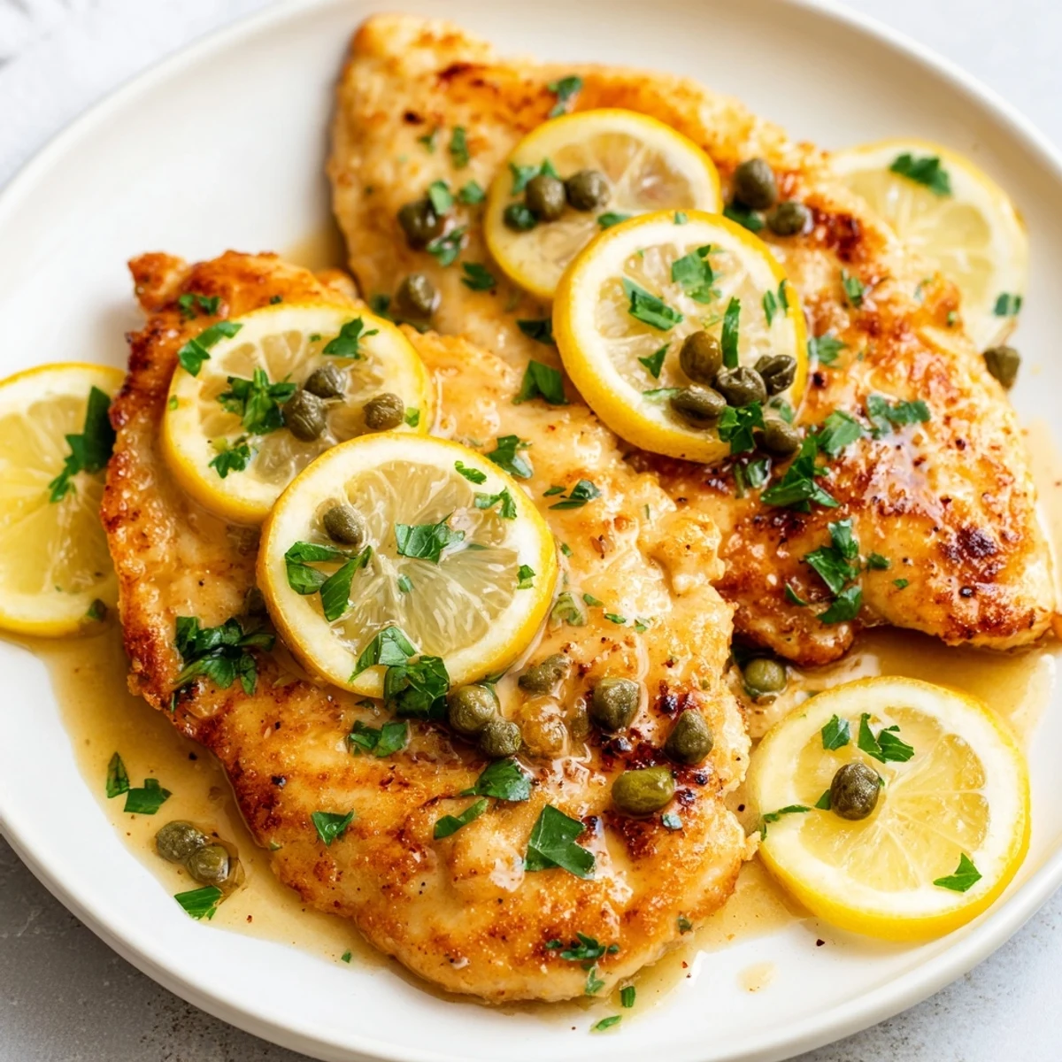 Golden-brown chicken piccata nestled in a glossy lemon-caper sauce, garnished with fresh parsley and lemon slices.