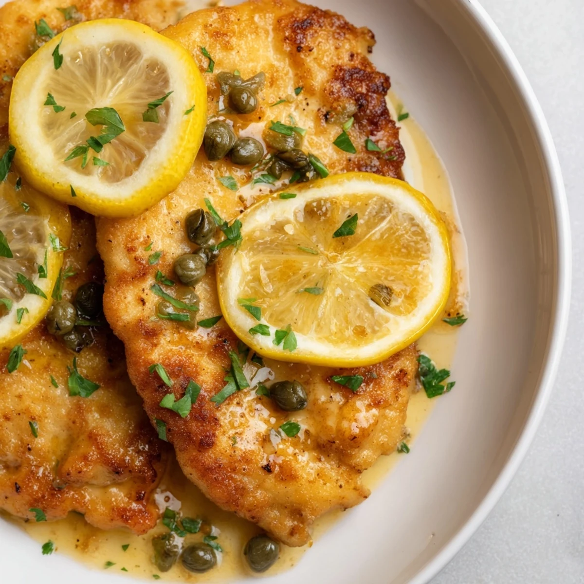 Tender chicken piccata swimming in a buttery lemon sauce, with bright capers and parsley on a white plate.