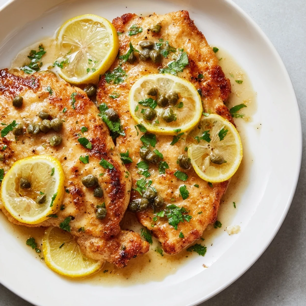 A romantic Italian-American chicken piccata served with angel hair pasta, briny capers, and a drizzle of lemon butter sauce.