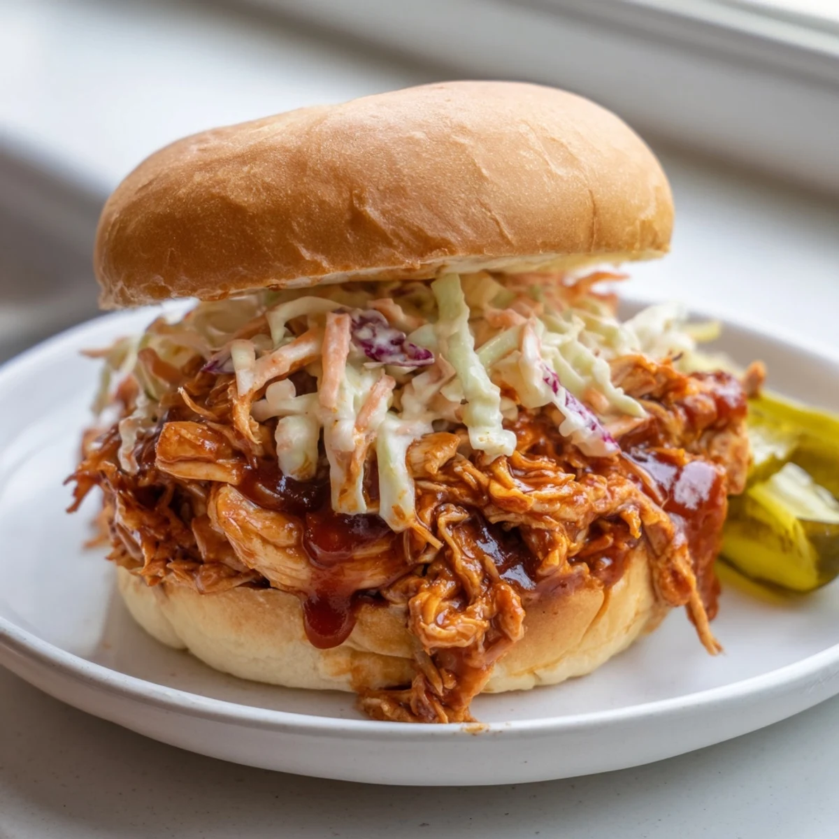 Smoky barbecue sauce coats shredded chicken in these Tailgate Pulled Chicken Sandwiches served with pickles.