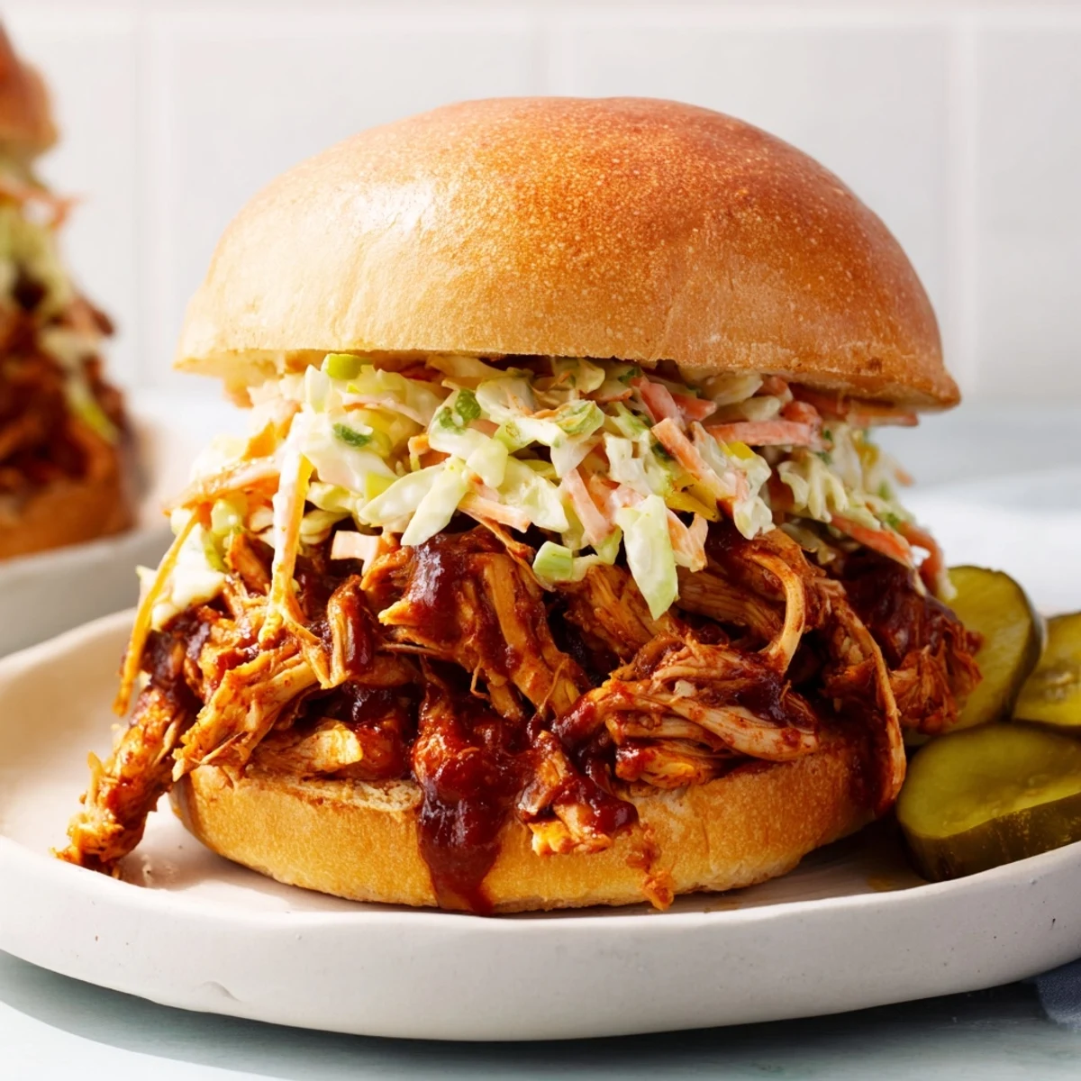 Tailgate Pulled Chicken Sandwiches stacked high with tender meat and creamy slaw on a toasted bun.