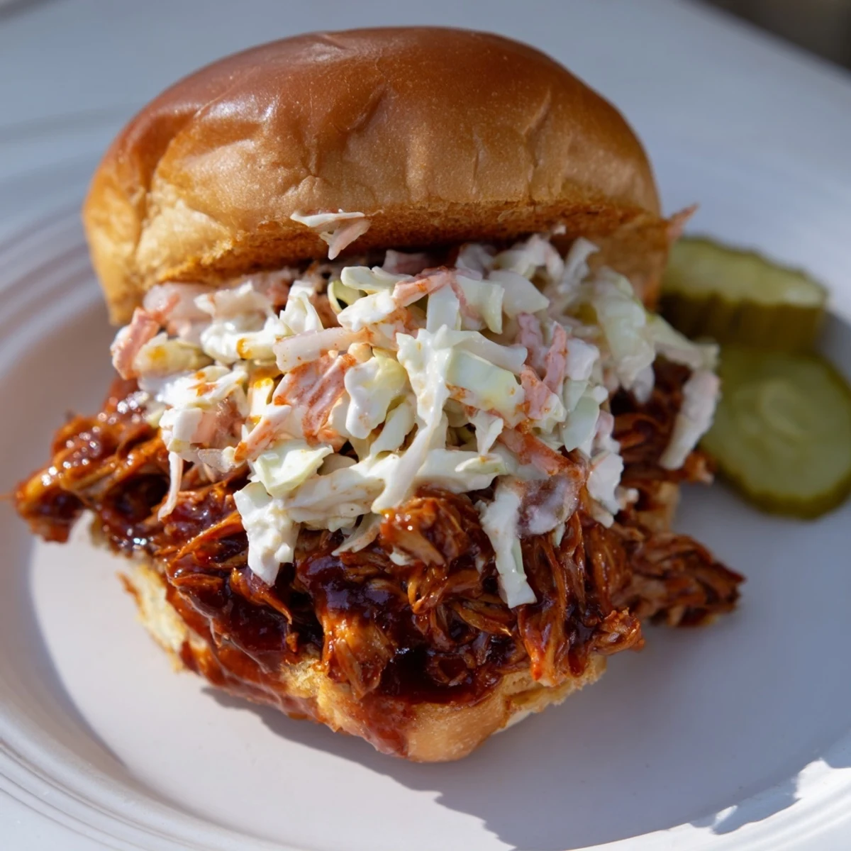 Golden buns hold saucy Tailgate Pulled Chicken Sandwiches, topped with crunchy coleslaw for a game day bite.