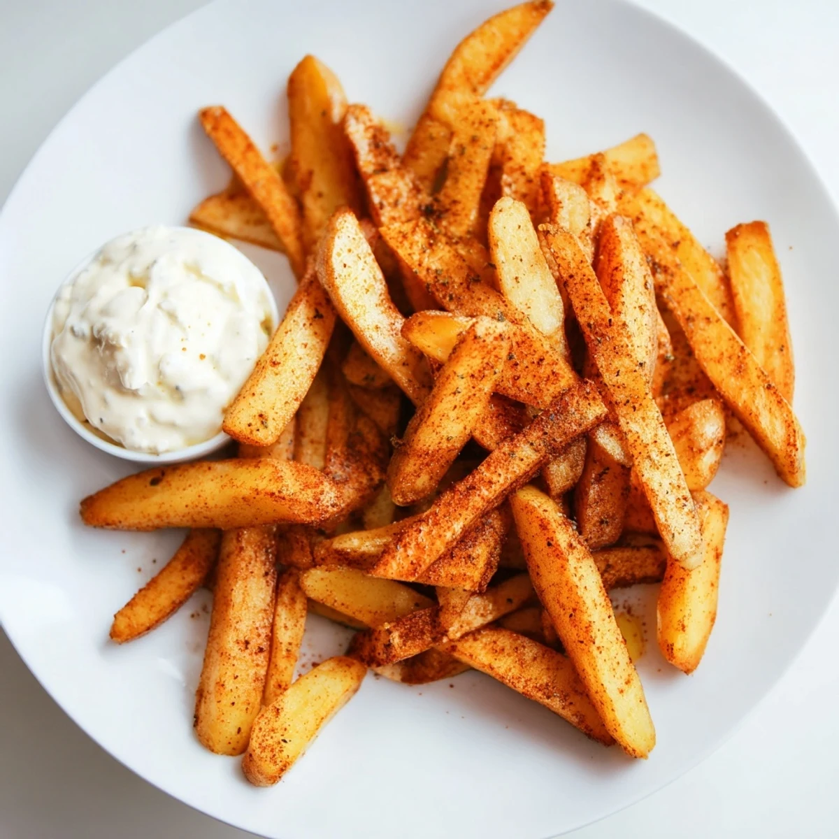 Golden, oven-baked Cajun Spiced Fries with Remoulade, garnished with fresh parsley and served in a rustic bowl.