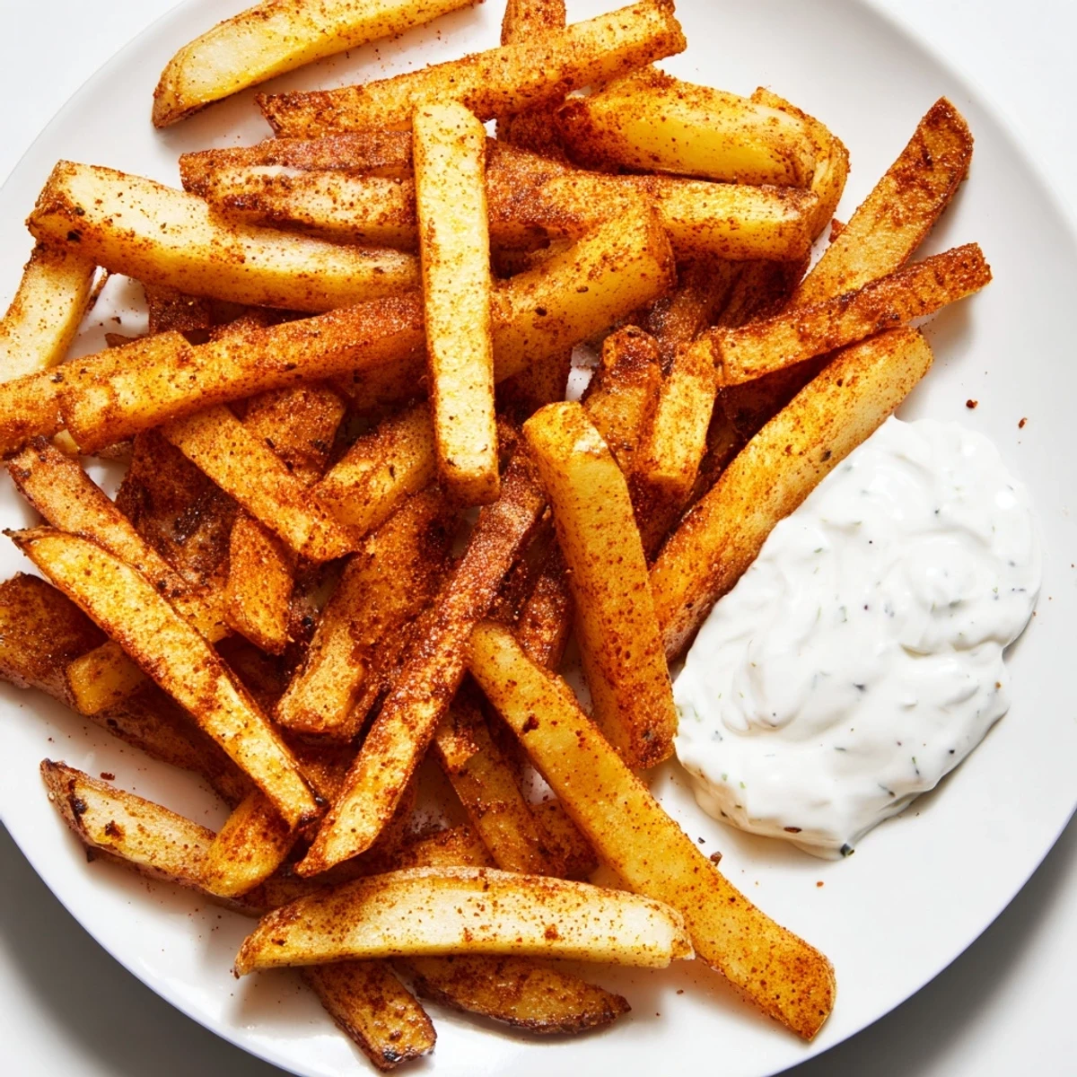 Crispy Cajun Spiced Fries with Remoulade piled high on a plate, featuring a creamy dipping sauce with visible pickle chunks.