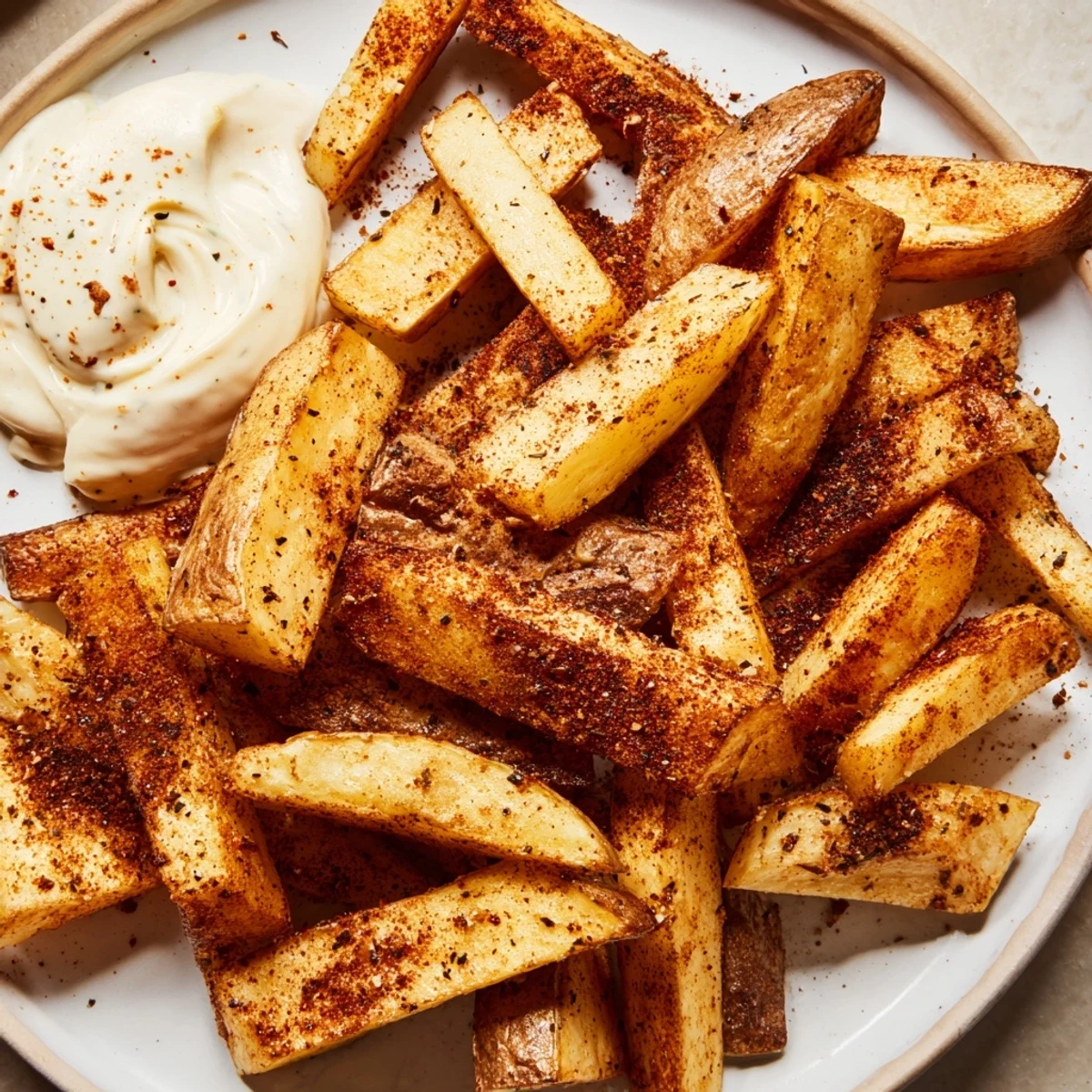 Spicy Cajun Spiced Fries with Remoulade, golden brown with dark spices, served alongside a small cup of zesty sauce.