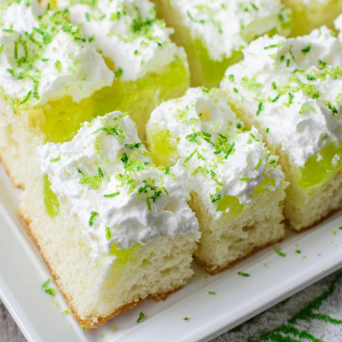 Freshly baked St. Patricks Day Lime Poke Cake with moist crumb and vibrant green gelatin oozing from the holes, topped with fluffy white cream and lime zest.