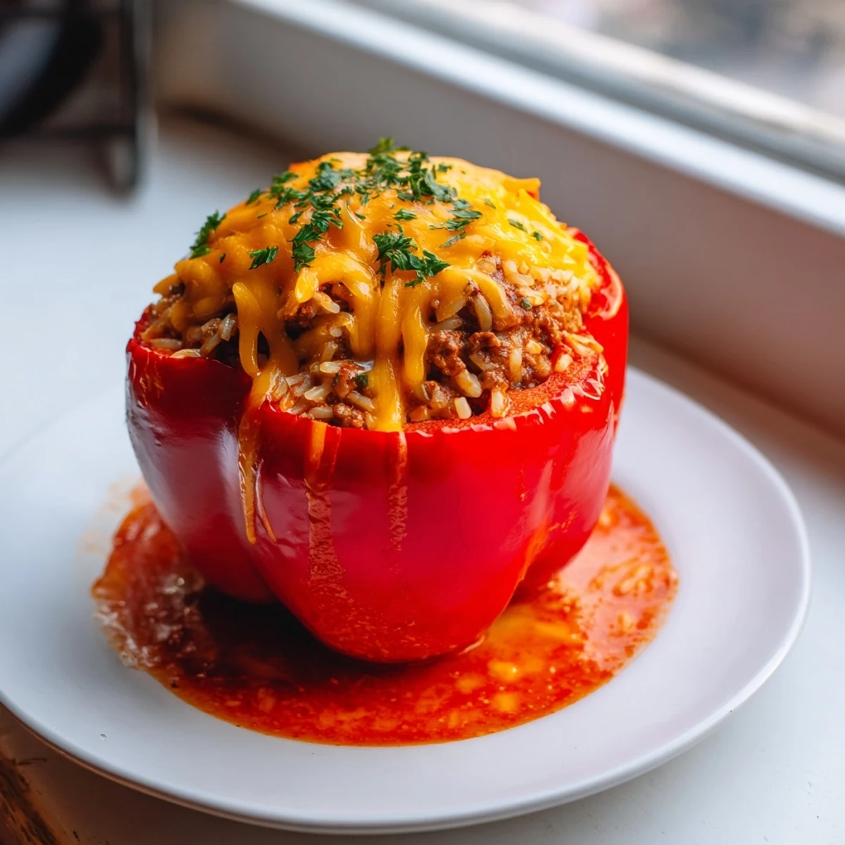 Creole Stuffed Peppers with Rice and Beef feature colorful bell peppers filled with a savory beef and rice mixture, baked with a rich tomato sauce.  