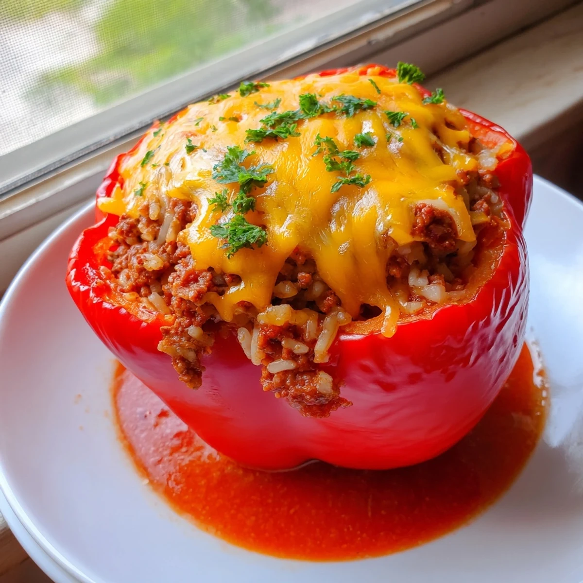A close-up of Creole Stuffed Peppers with Rice and Beef showcases a forkful of the hearty, Creole-seasoned filling against the vibrant red pepper.