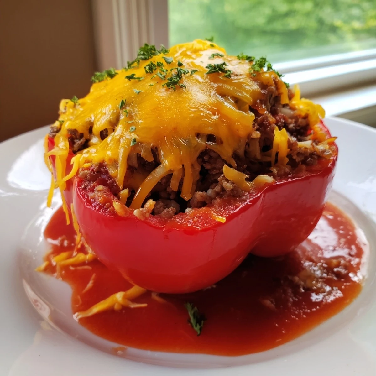 Golden Creole Stuffed Peppers with Rice and Beef sit in a baking dish, their tender flesh brimming with spiced filling and topped with melted cheese.  