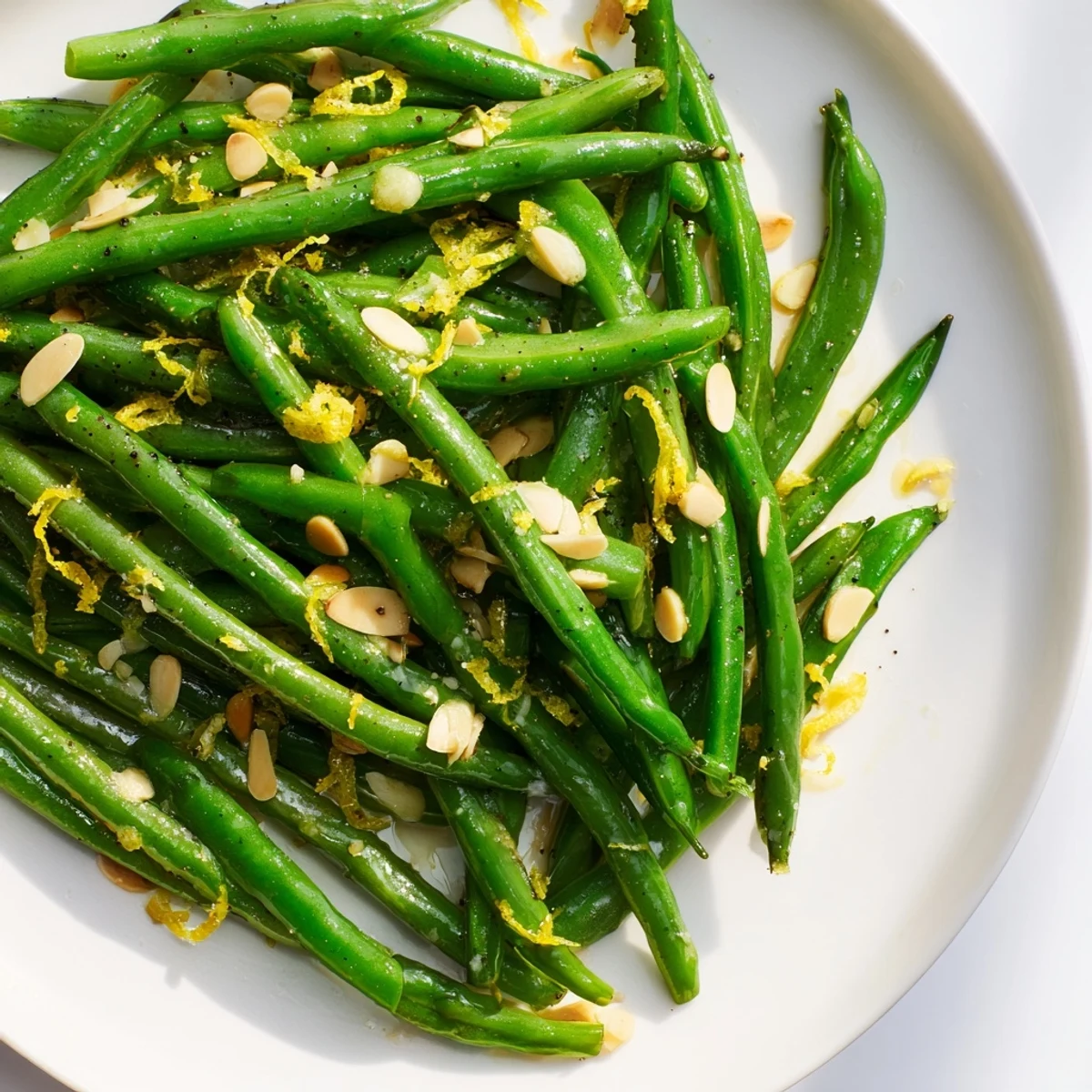 Fresh Green Beans with Lemon and Almonds tossed with toasted nuts and butter in a skillet.