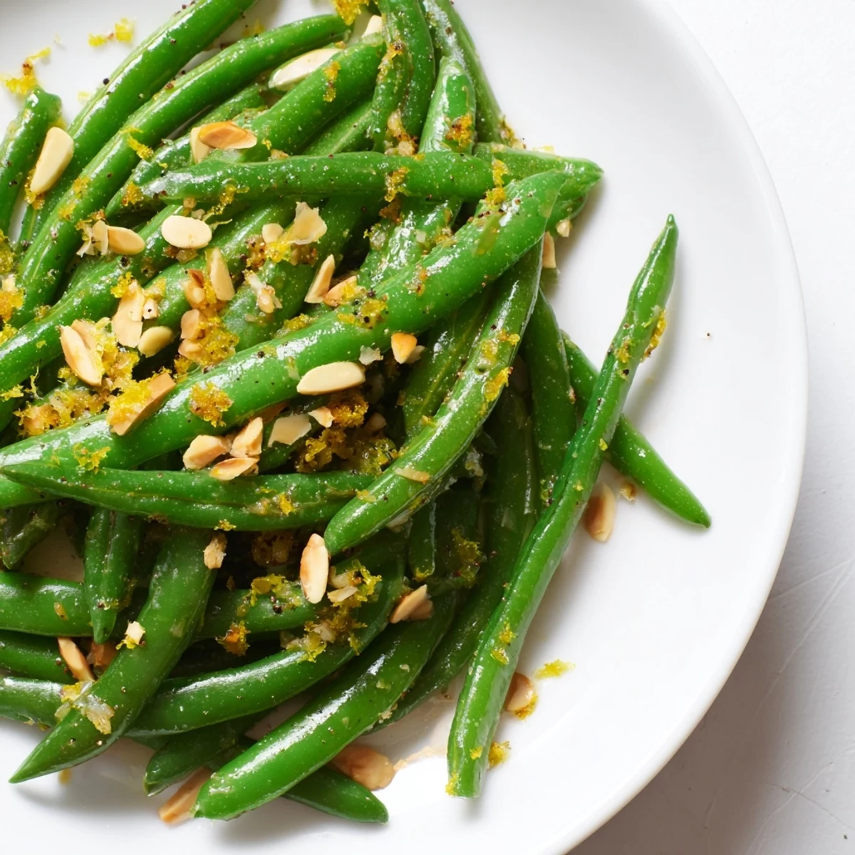 Sautéed Green Beans with Lemon and Almonds plated beside roasted chicken for an easy side dish.