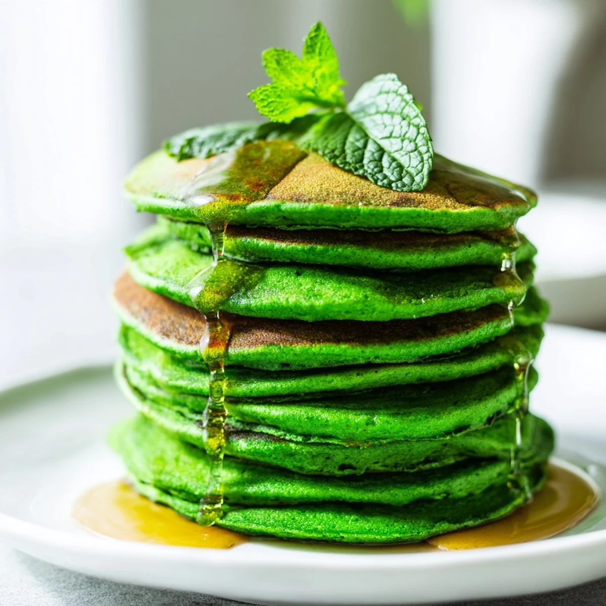 Golden-edged shamrock green pancakes rest on a plate, ready to be drenched in syrup for a sweet morning treat.
