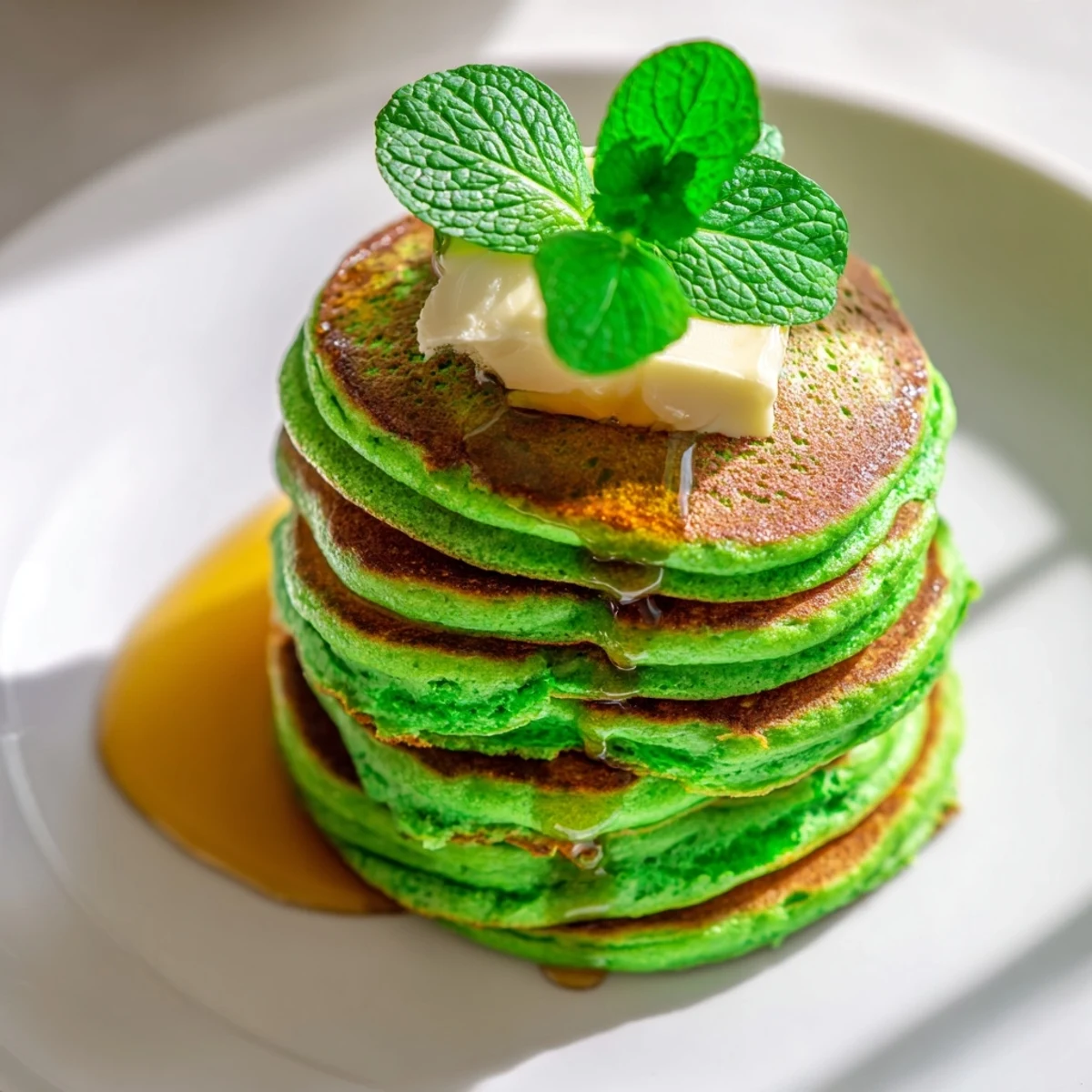 Fluffy shamrock green pancakes are garnished with fresh mint leaves, offering a vibrant and delicious festive breakfast experience.