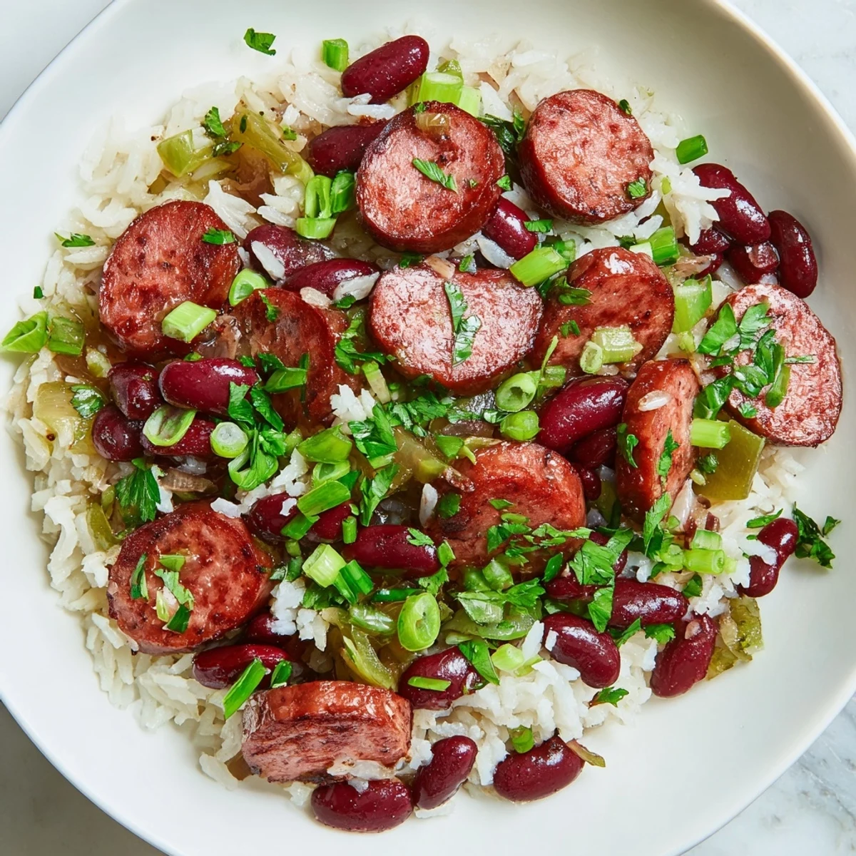 Steamy bowl of Mardi Gras Rice and Beans with Beef Sausage, garnished with fresh parsley.