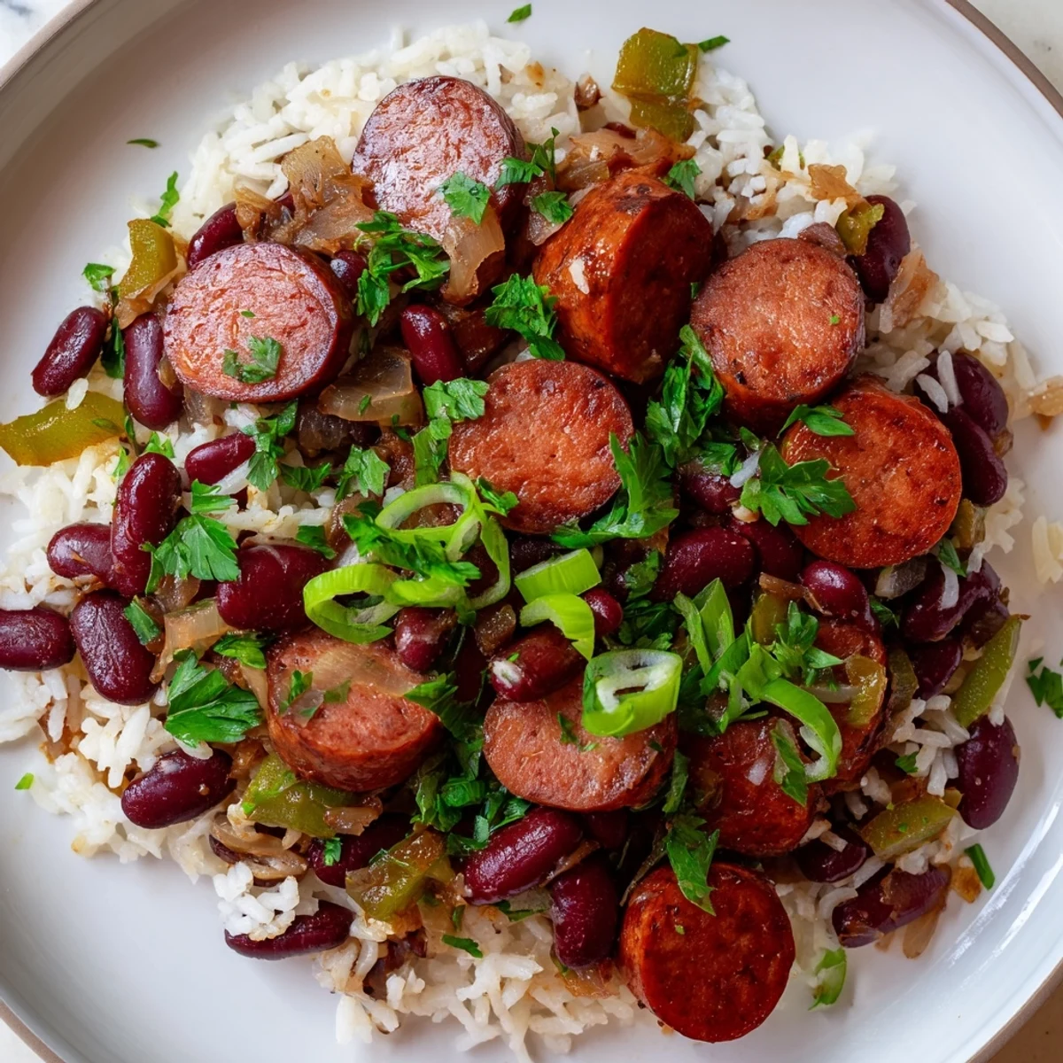 Hearty Mardi Gras Rice and Beans with Beef Sausage simmered in a rustic Dutch oven.