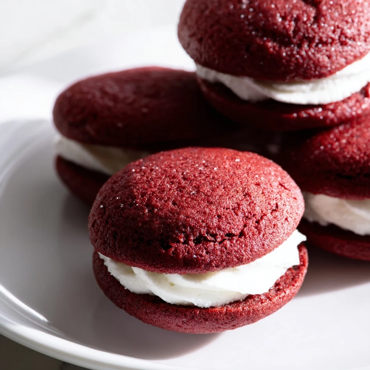 Freshly baked Red Velvet Whoopie Pies with marshmallow filling are stacked high, revealing their soft, cake-like texture.