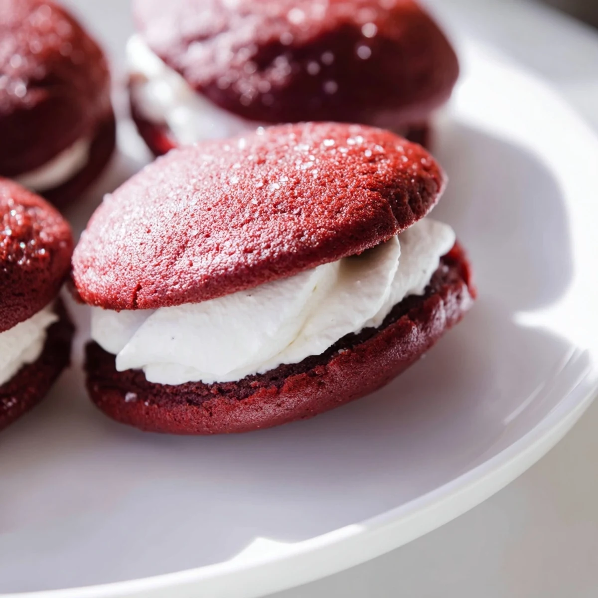 Two Red Velvet Whoopie Pies sit on a white plate next to a tall glass of cold milk.