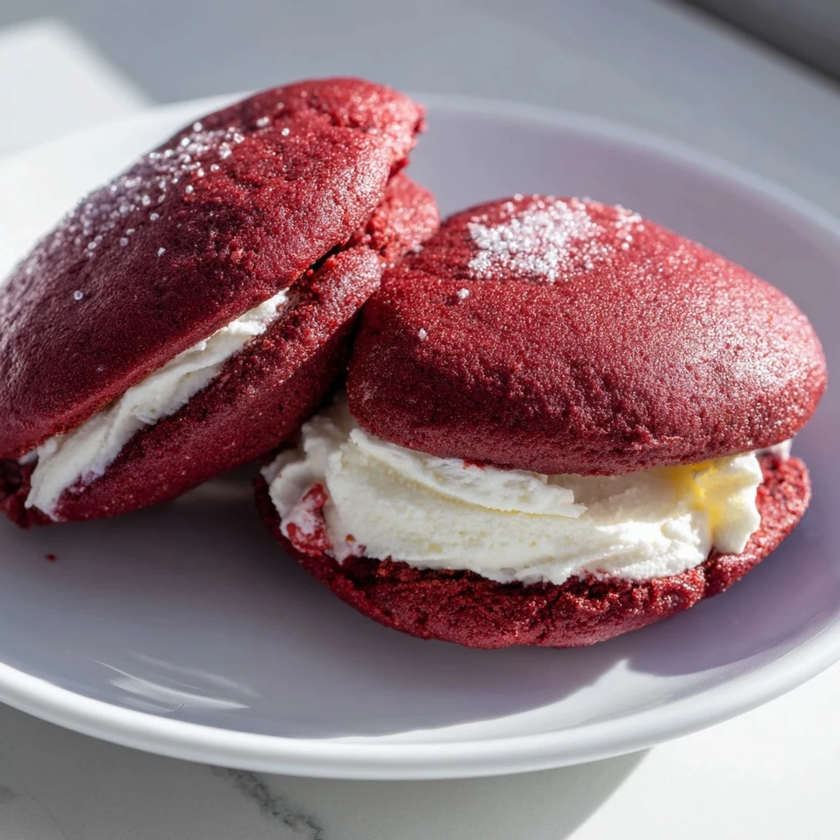 A close-up showcases the fluffy white marshmallow cream sandwiched between two rich, red velvet cookie halves.
