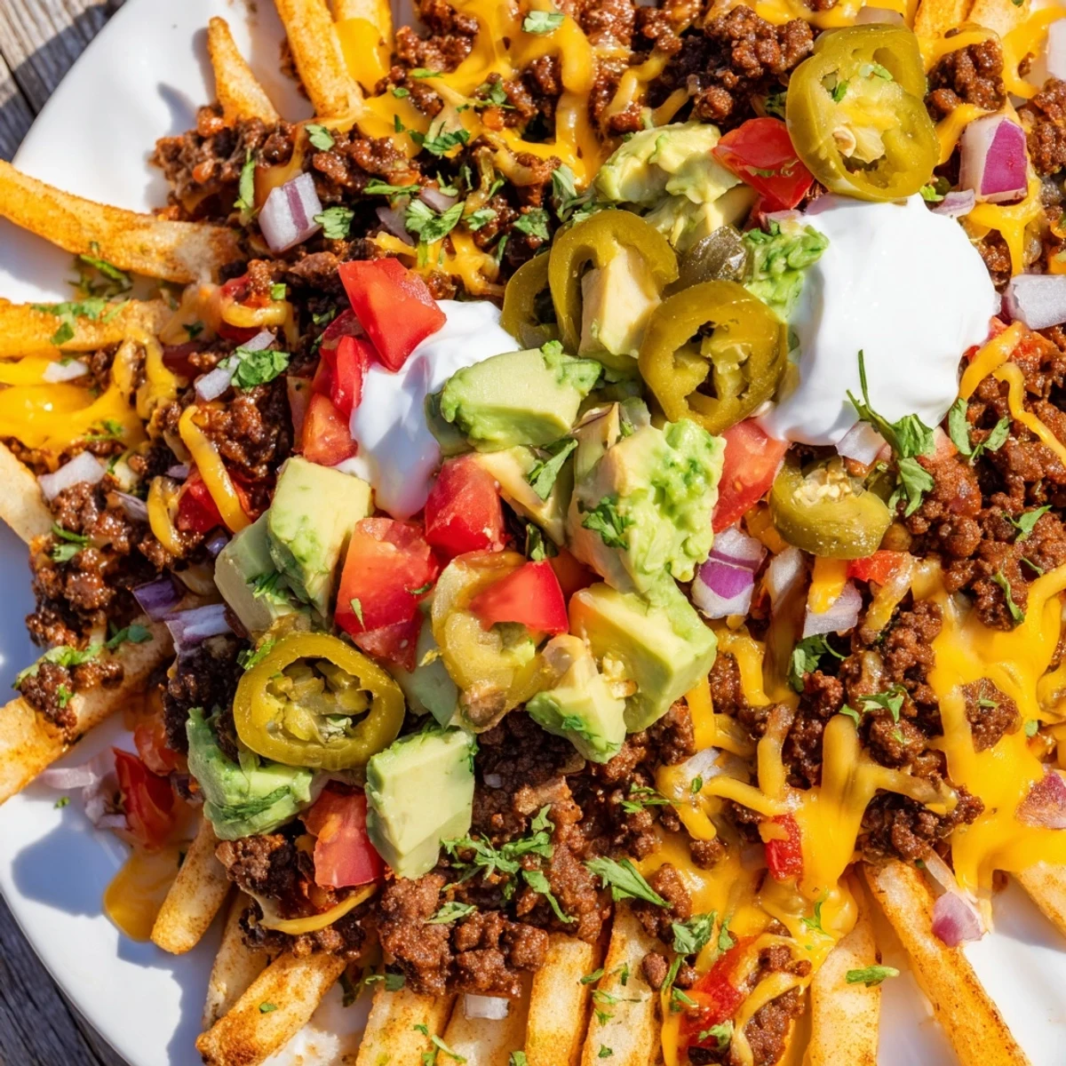 Sizzling ground beef and pickled jalapeños piled high on a bed of seasoned fries.
